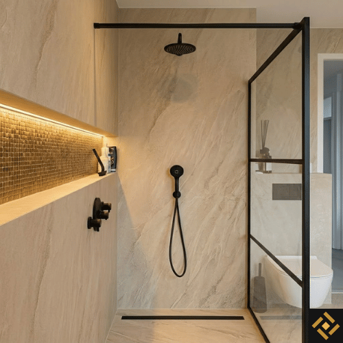 douche wandpaneel beige natuursteen