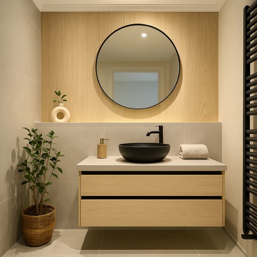 Badkamer wandpanelen in lichte houtlook achter het badmeubel
