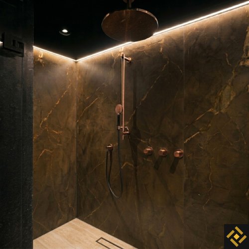 Badkamer wandpanelen in koper marmerlook in de douche