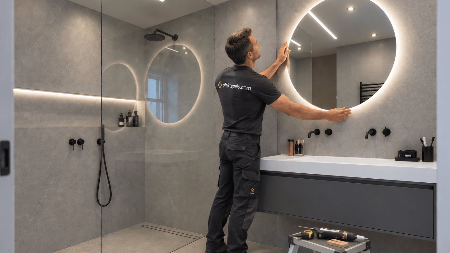 Douche wandpanelen: monteur van plaktegels.com in een badkamer met inloopdouche en SPC wandpanelen