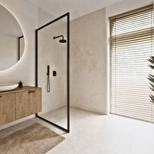 Douche wandpanelen in beige en witte natuursteenlook