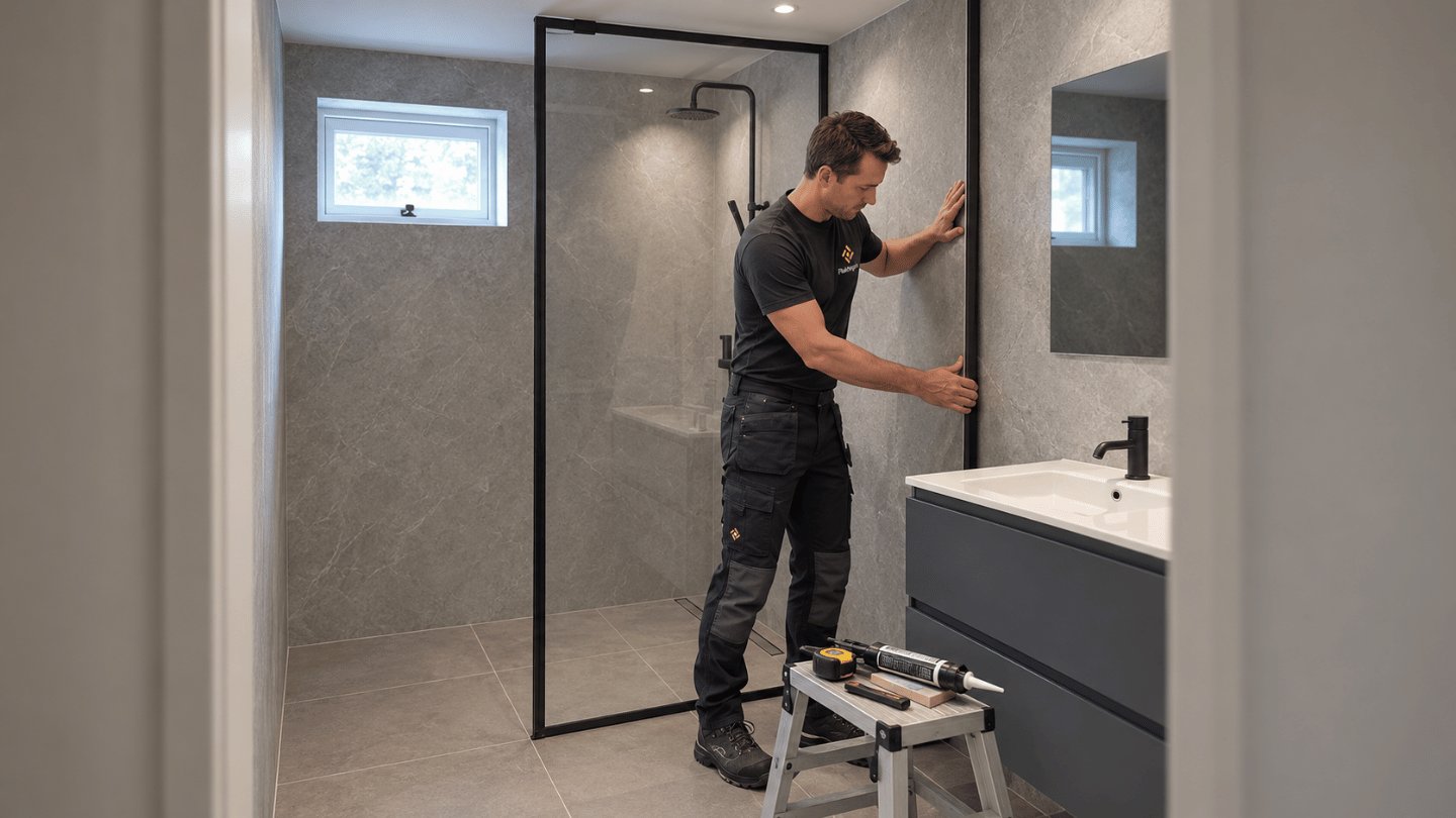 Wandpanelen badkamer: monteur van plaktegels.com plaatst een paneel in de douche