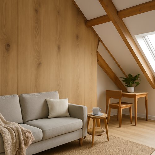 SPC wandpanelen in naturel houtlook op een schuine wand