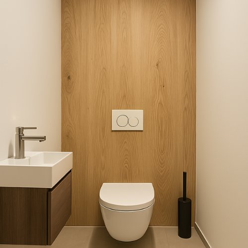 Wandpanelen wc in naturel houtlook achter het hangtoilet